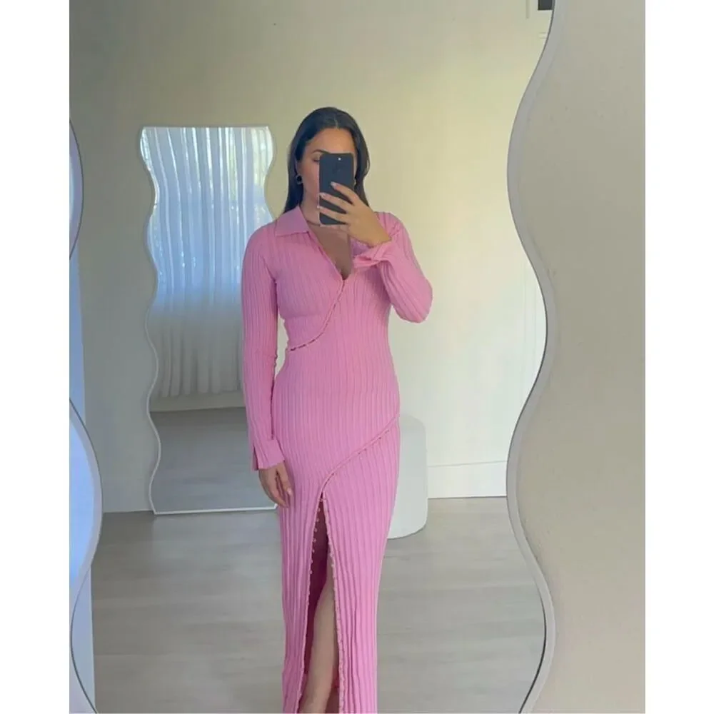 SOVERE Facet Knit Maxi Dress in Musk -Side front hem split size S NWT218 - Picture 3 of 9